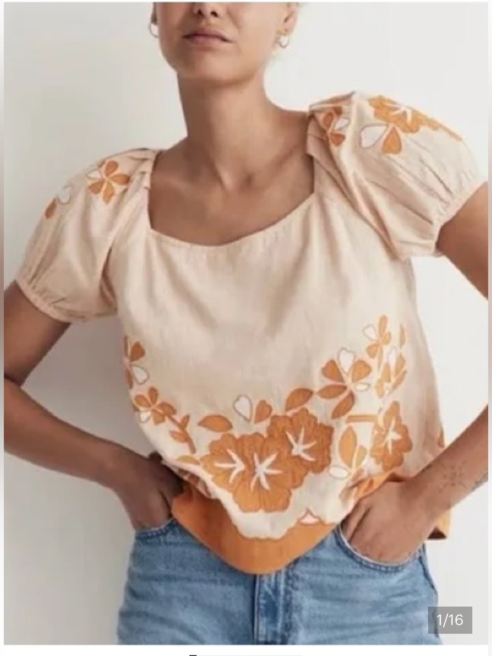 Madewell Peach Top with Orange Floral Embroidery